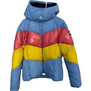Tommy Hilfiger womens colorblock Chevron blue pink yellow puffer jacket M